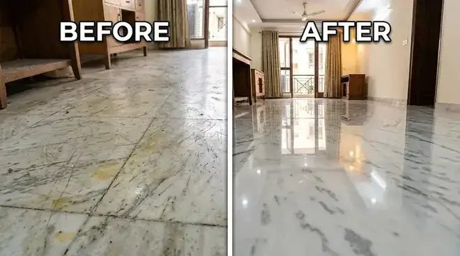 Before and after: scratched white Indian marble floor professionally polished to mirror finish in New Delhi home
