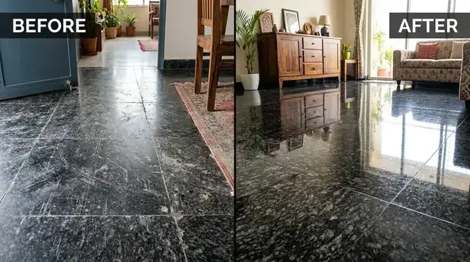 Black granite office floor before and after advanced diamond disc polishing &mdash; deep mirror gloss finish achieved in Noida commercial space