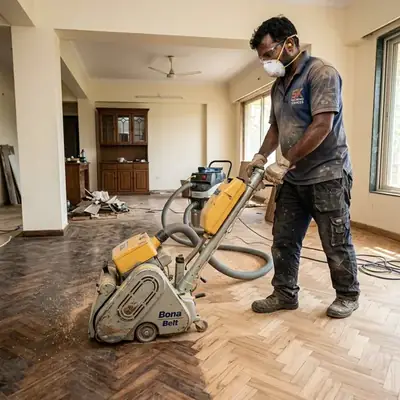 Skilled technician operating industrial floor sanding machine to level and smooth surface before polishing