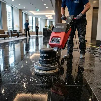 Diamond disc polishing machine creating deep high-gloss finish on tough black granite floor in NCR