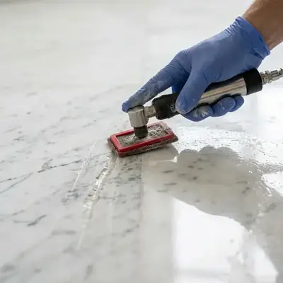 Technician removing deep scratches and acid stains from white marble floor surface using safe eco-friendly process